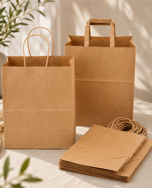 Paper bags with flat handles in multiple sizes