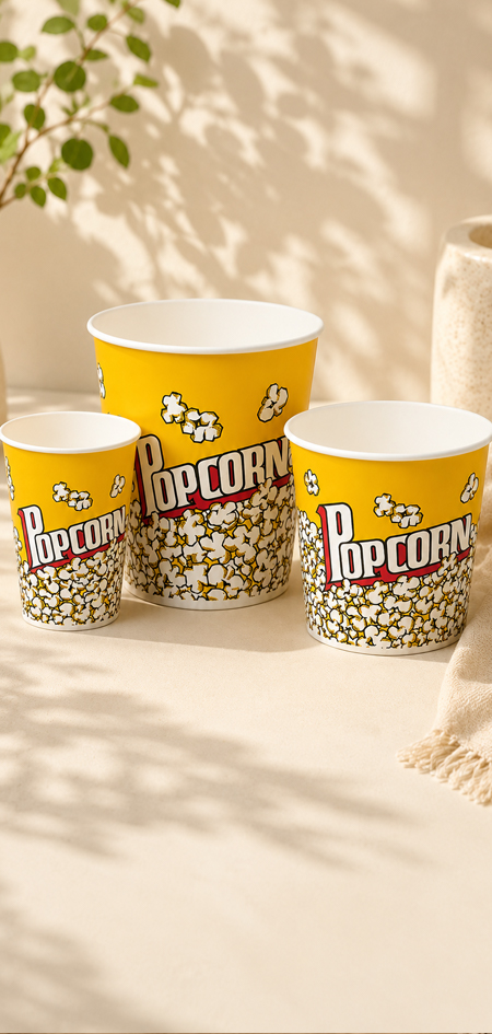 Paper popcorn bucket with colorful custom printed design