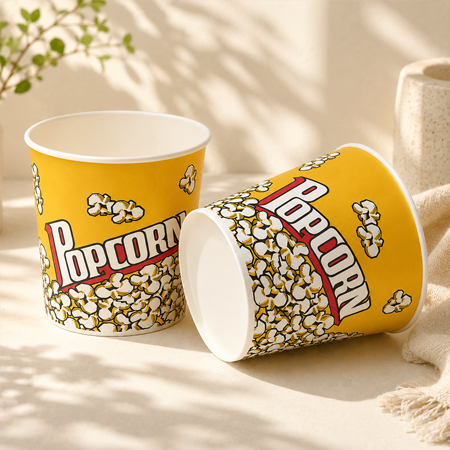 Paper popcorn bucket with colorful custom printed design