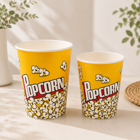 Paper popcorn bucket with colorful custom printed design