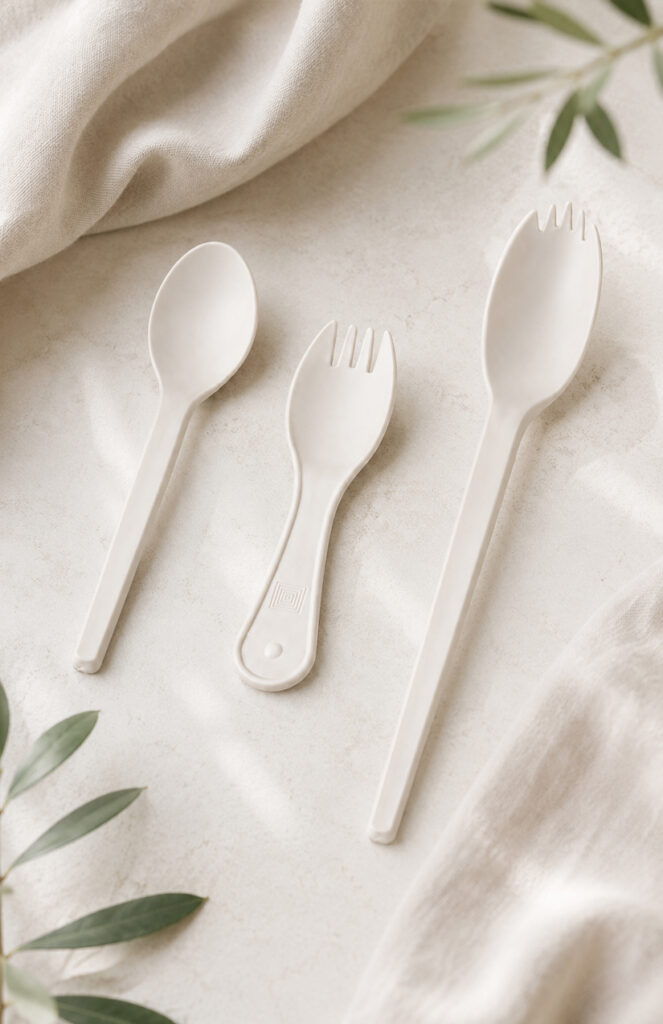 Plastic spork and compostable cutlery for foodservice use