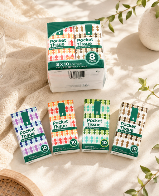 Pocket tissue pack with sheet count and packaging specifications