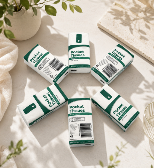Pocket tissue pack with sheet count and packaging specifications