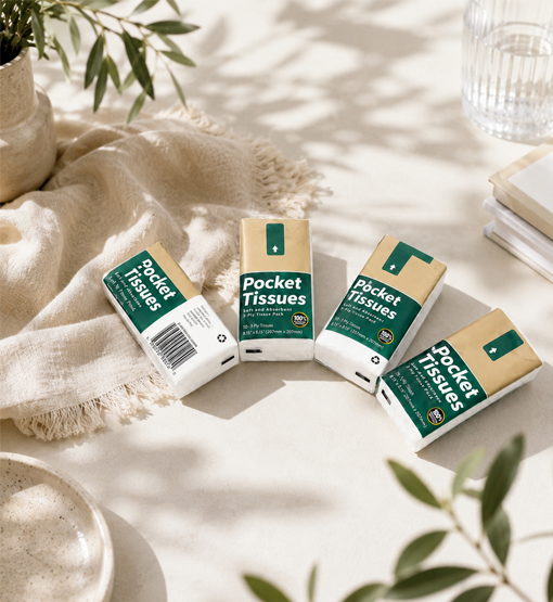 Pocket tissue pack with sheet count and packaging specifications