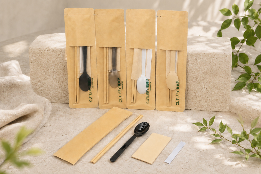 Private label plastic cutlery sets with printed wrapping