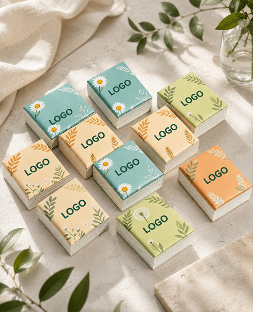 Promotional tissue packs with custom printed wrappers