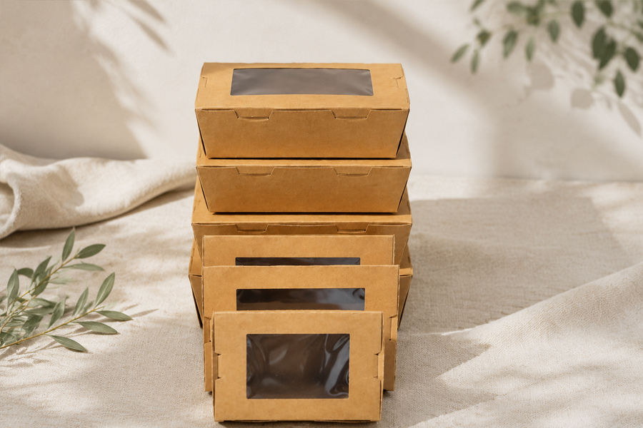 Rectangular paper food container with clear fitted lid
