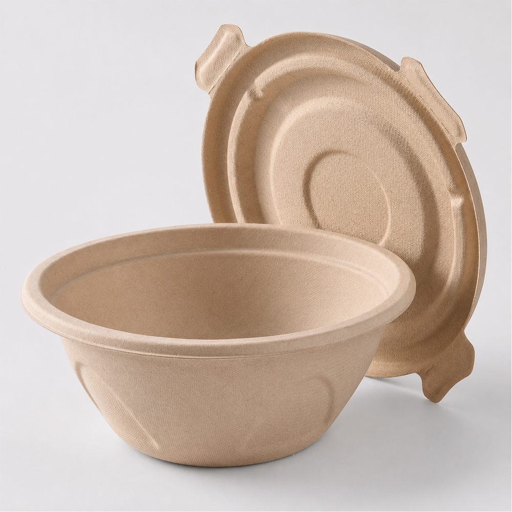 Round Bamboo Fiber Bowl with Fitted Lid for Meal Service