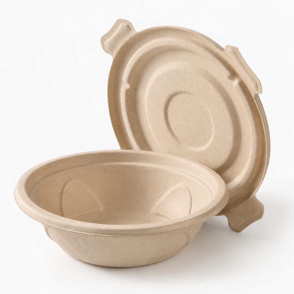 Round Bamboo Pulp Bowl with Clear Lid for Meals