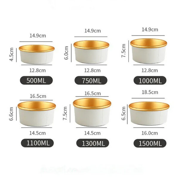 Round Paper Bowl with Gold Rim and Clear Lid