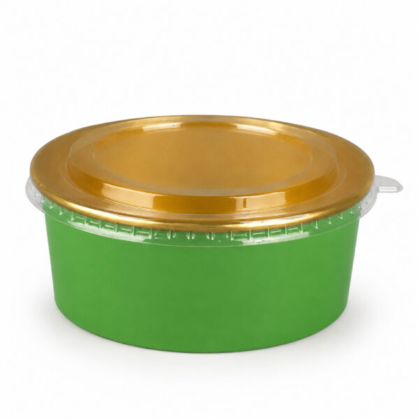 Round Paper Bowl with Gold Rim and Clear Lid