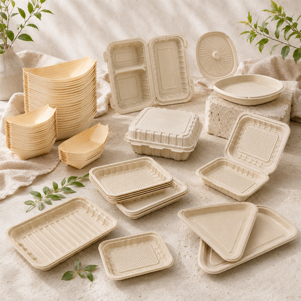 Round and square bamboo fiber trays for bulk foodservice orders