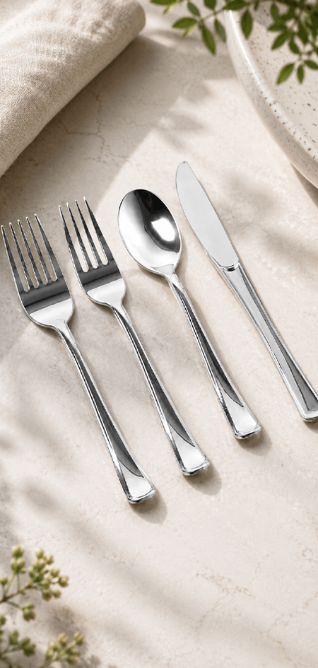 Silver plastic cutlery set for wedding and banquet service
