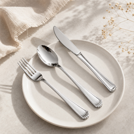 Silver plastic cutlery set for wedding and banquet service
