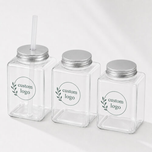 Square 500ml Clear Beverage Bottle with Screw Cap