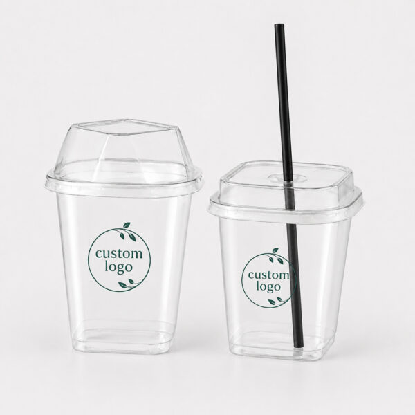 Square Clear Cold Drink Cup with Fitted Straw-Slot Lid