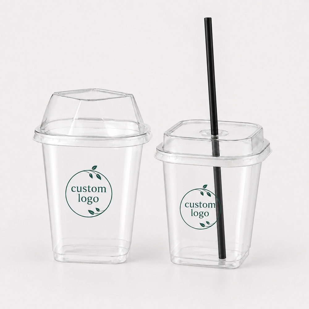 Square Clear Cold Drink Cup with Fitted Straw-Slot Lid