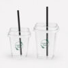Square Clear Cold Drink Cup with Fitted Straw-Slot Lid