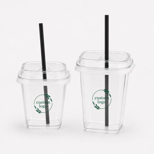 Square Clear Cold Drink Cup with Fitted Straw-Slot Lid