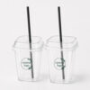 Square Clear Cold Drink Cup with Fitted Straw-Slot Lid
