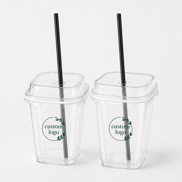 Square Clear Cold Drink Cup with Fitted Straw-Slot Lid