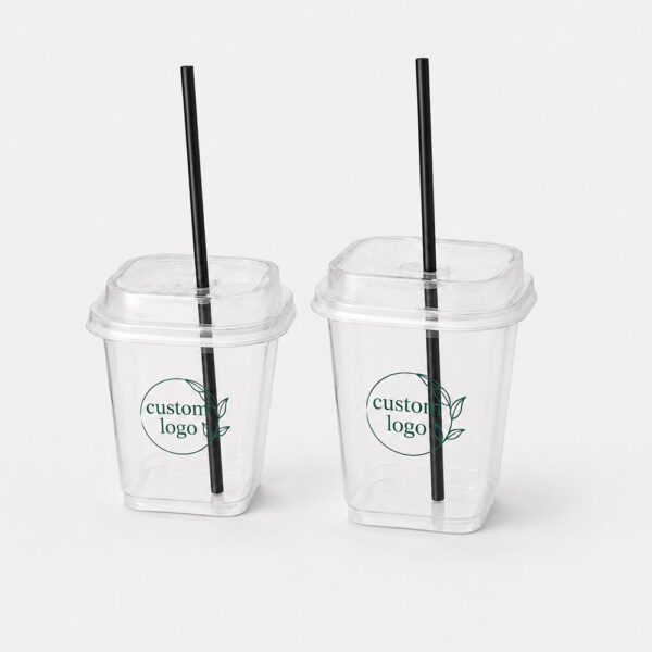 Square Clear Cold Drink Cup with Fitted Straw-Slot Lid