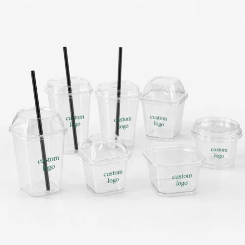 Square Clear Milk Tea Cups with Fitted Lids