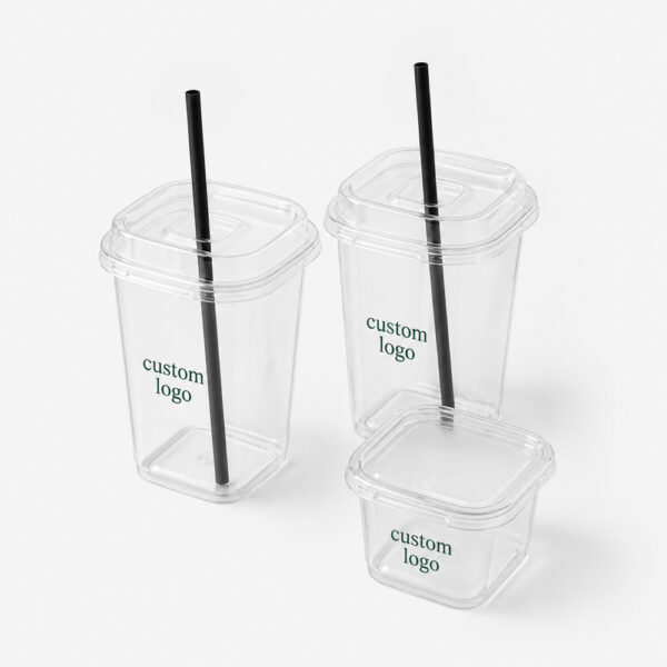 Square Clear Milk Tea Cups with Fitted Lids Square Clear Milk Tea Cups with Fitted Lids