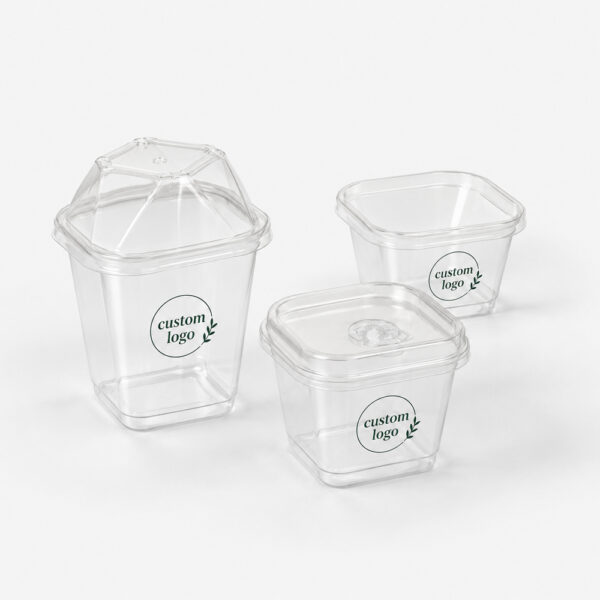 Square Clear Milk Tea Cups with Fitted Lids Square Clear Milk Tea Cups with Fitted Lids