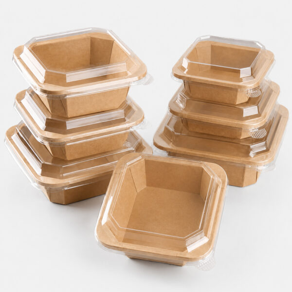 Square Kraft Paper Bowl with Clear Fitted Lid