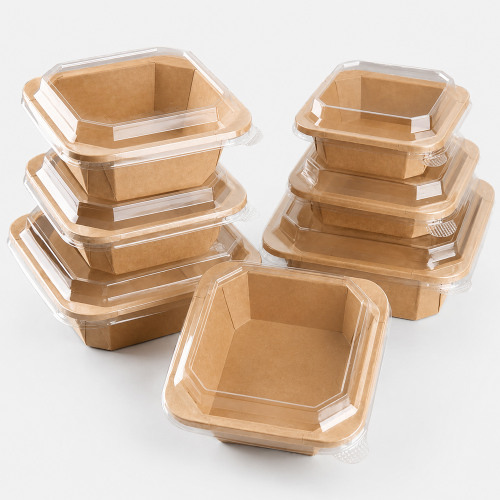 Square Kraft Paper Bowl with Clear Fitted Lid
