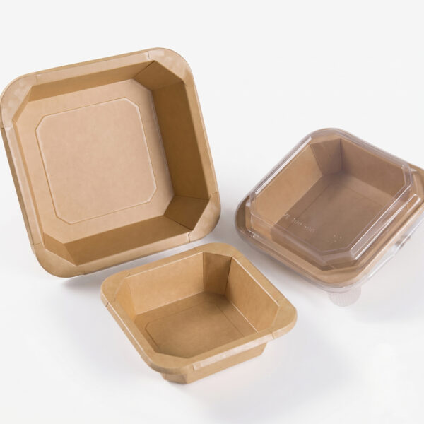 Square Kraft Paper Bowl with Clear Fitted Lid