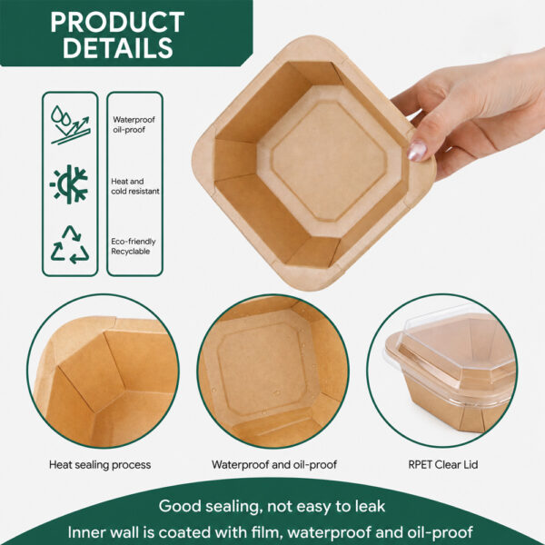 Square Kraft Paper Bowl with Clear Lid for Takeaway Square Kraft Paper Bowl with Clear Lid for Takeaway