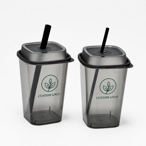 Square PP Drink Cup with Straw-Slot Lid Square PP Drink Cup with Straw-Slot Lid