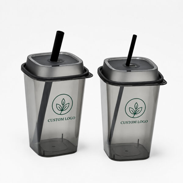 Square PP Drink Cup with Straw-Slot Lid Square PP Drink Cup with Straw-Slot Lid