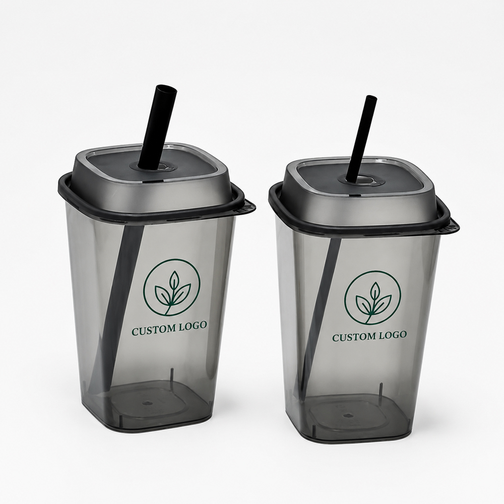 Square PP Drink Cup with Straw-Slot Lid