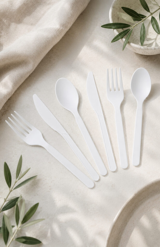 White plastic utensil set for restaurant and catering use