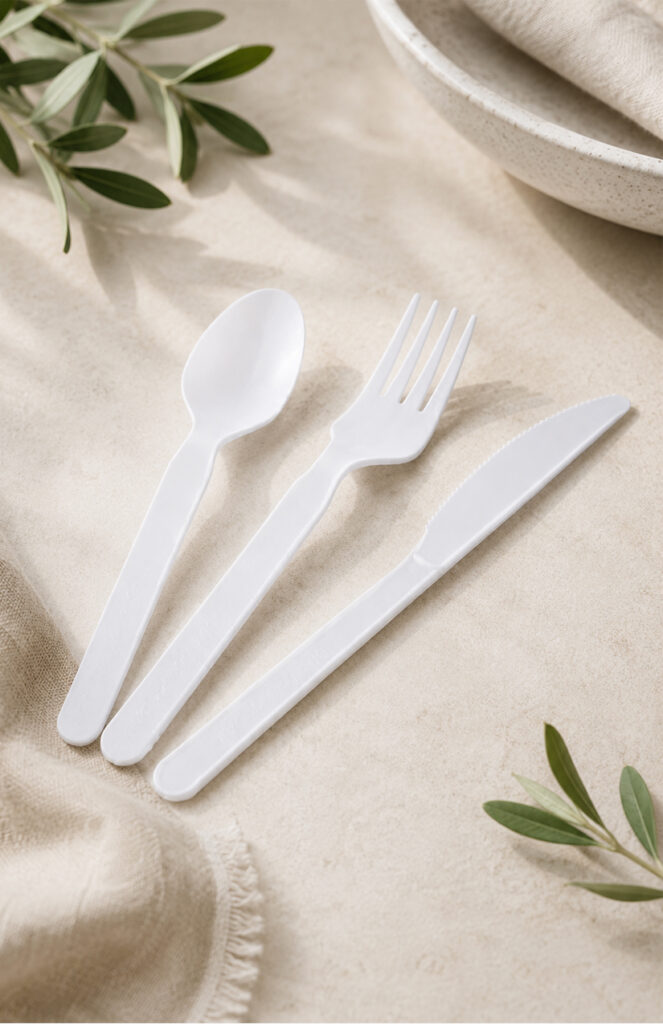 White plastic utensil set for restaurant and catering use