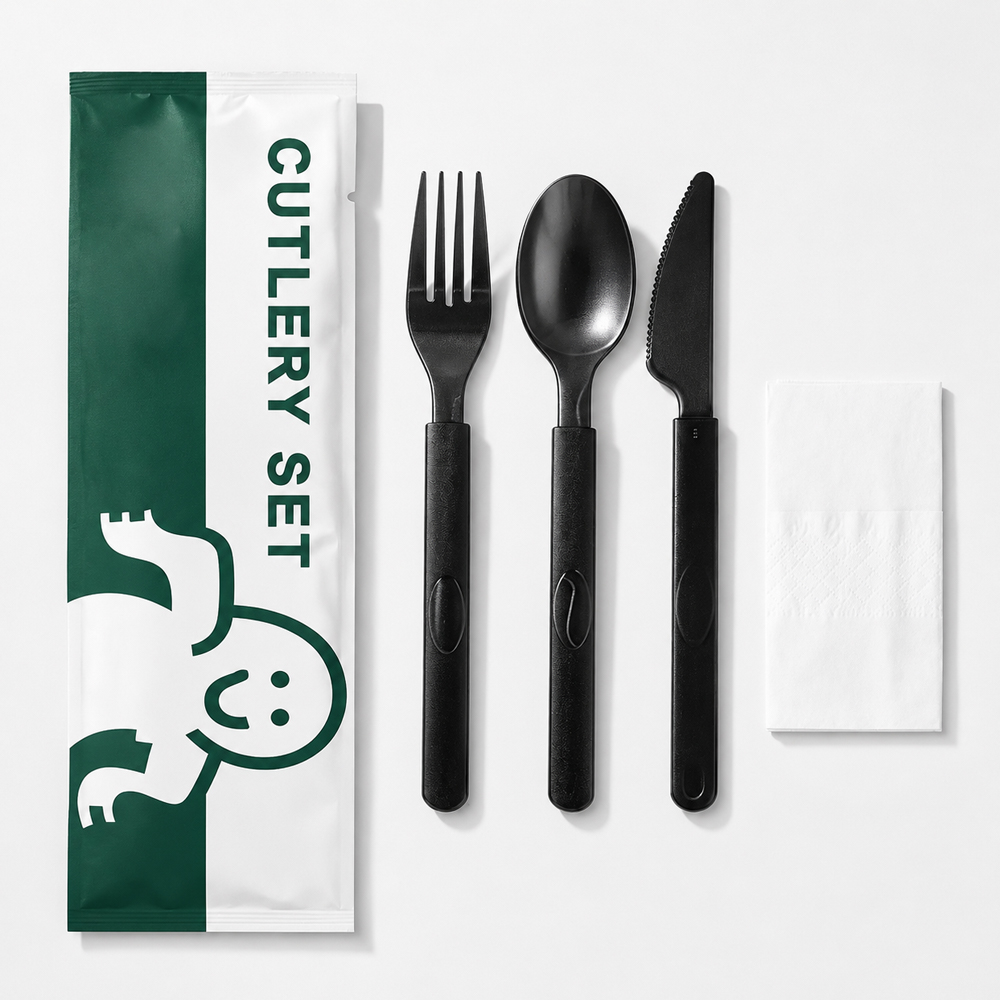 Wrapped Disposable Cutlery Set with Napkin